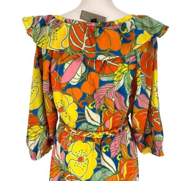 J. Crew Belted Dress Large Floral Tropical Ruffle Neck Midi Balloon Sleeve Retro - Picture 10 of 13